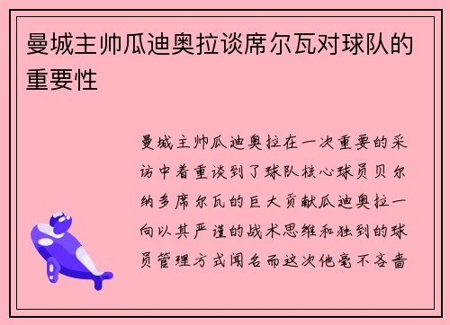 曼城主帅瓜迪奥拉谈席尔瓦对球队的重要性